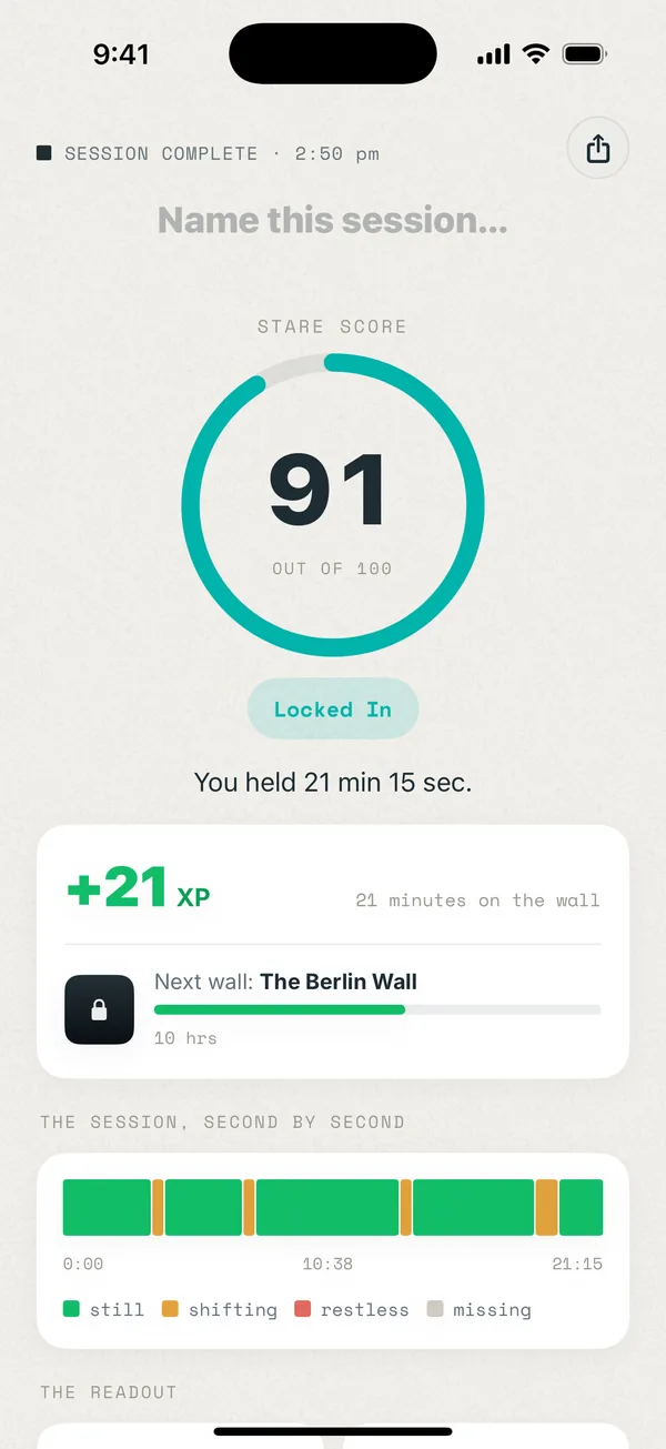 Wall Stare session results screen: a Stare Score of 91 out of 100, the "Locked In" tier, XP earned and the second-by-second stillness timeline