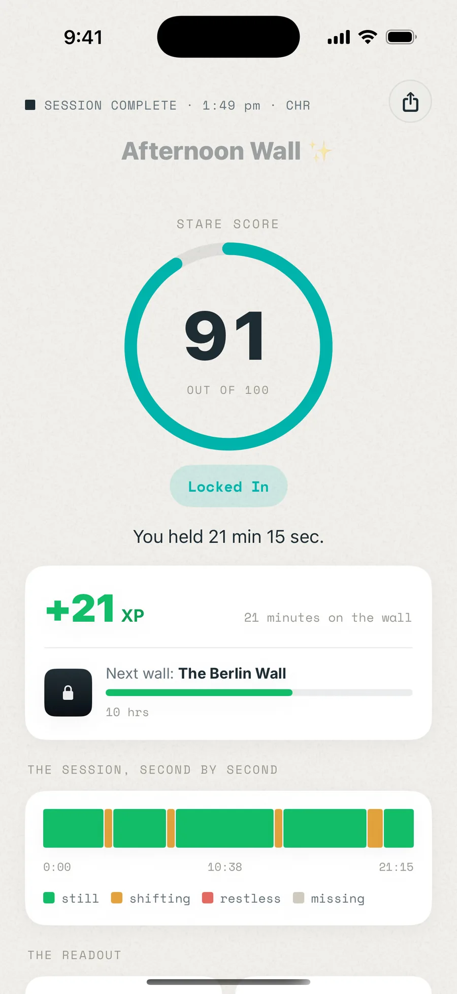 Wall Stare session results screen: a Stare Score of 91 out of 100, the "Locked In" tier, XP earned and the second-by-second stillness timeline
